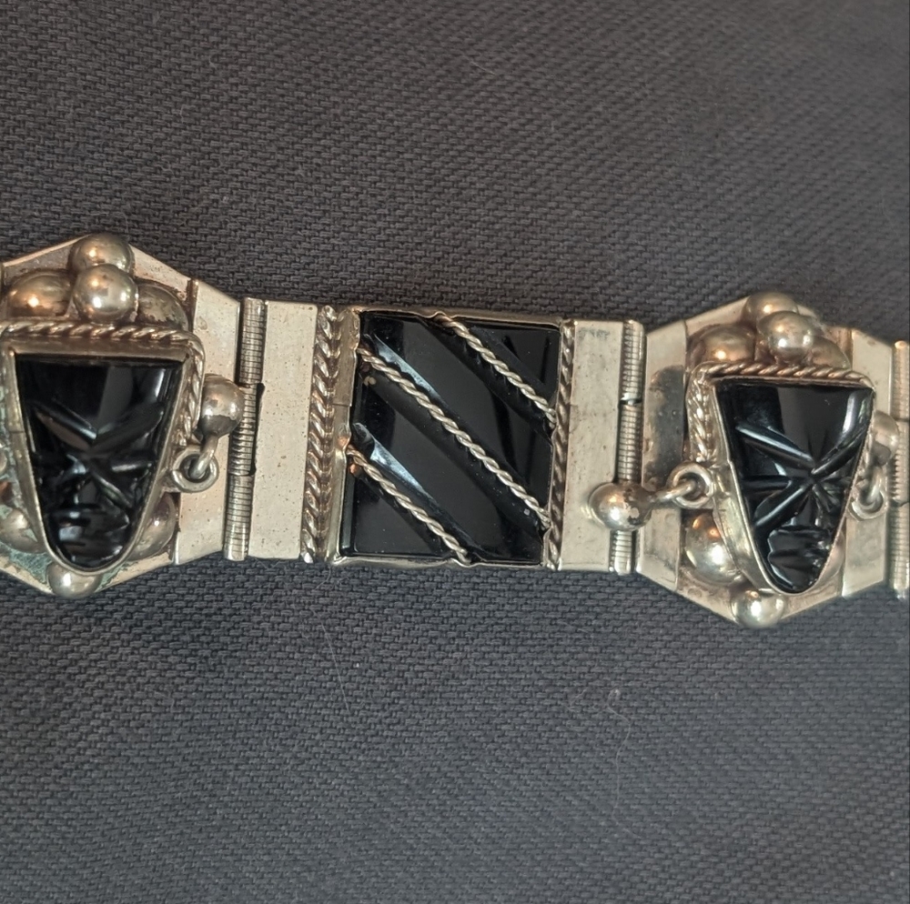 Taxco Vintage Sterling Silver Onyx Inlay Mexico Panel Bracelet